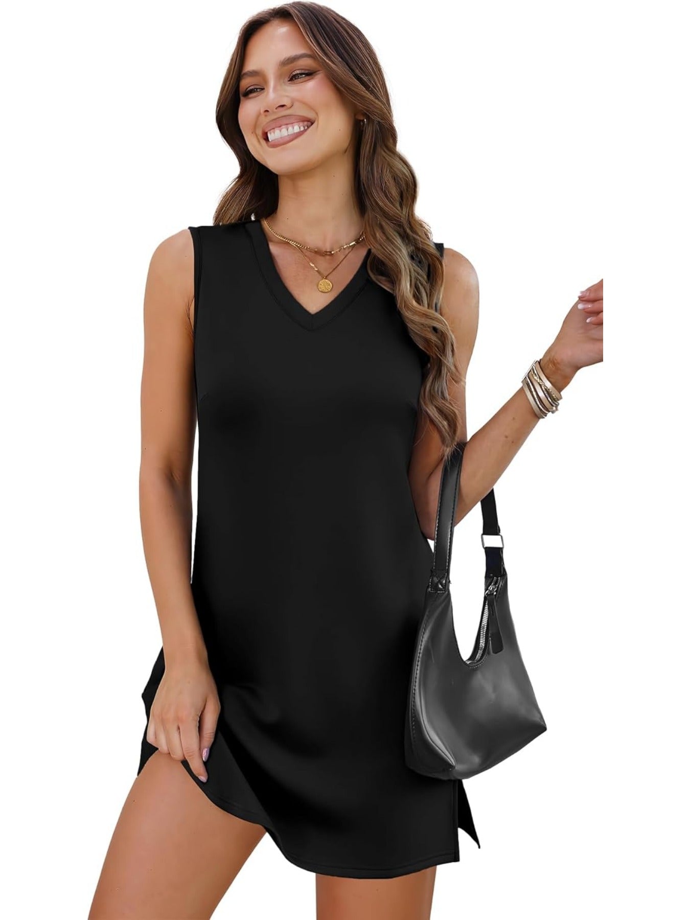Solid Color V-Neck Sleeveless Mini Dress with Split