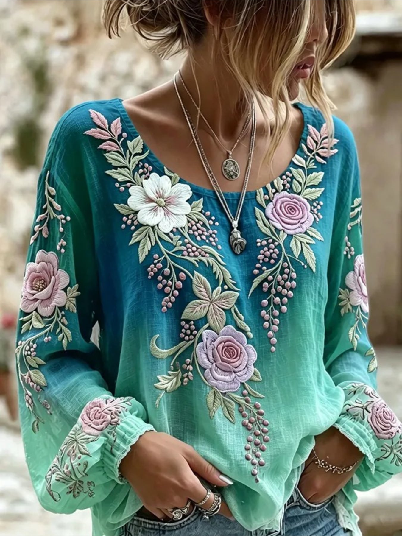 Daisy Floral Crew Neck Long Sleeve Blouse