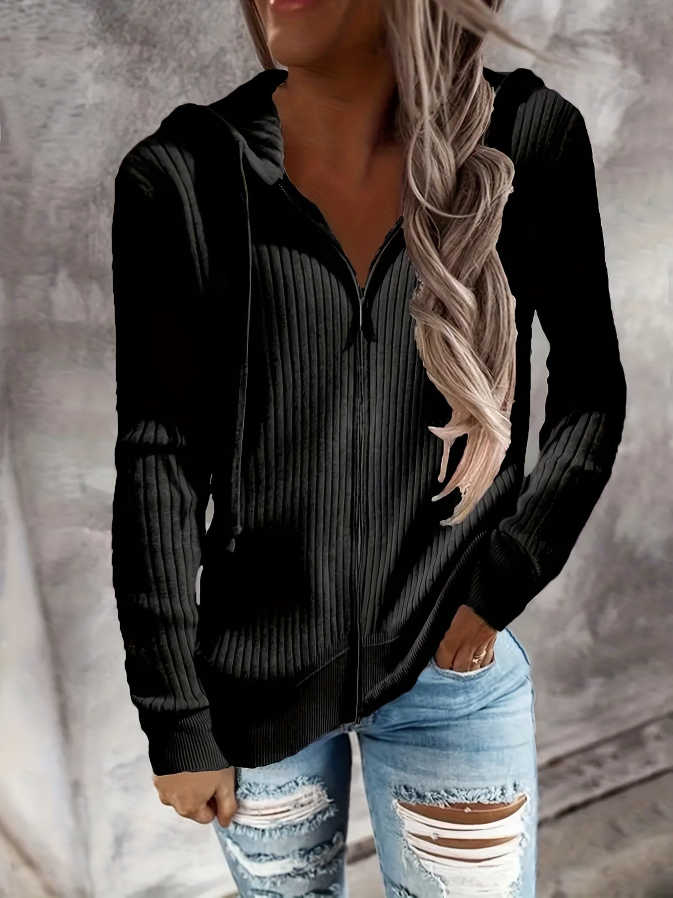 Women's Casual Zip Up Hoodie with Drawstring and Long Sleeves - Stay Warm and Stylish