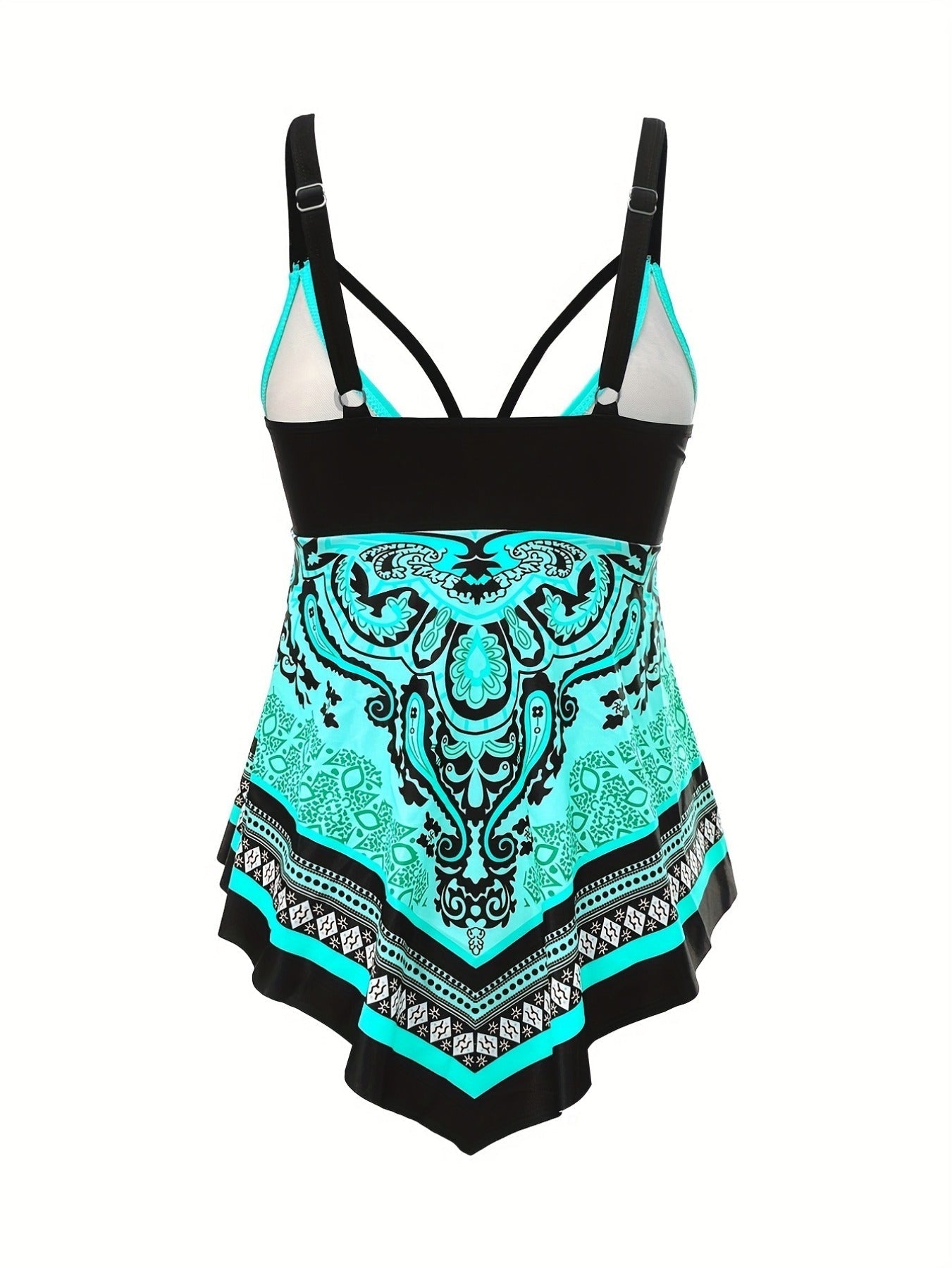 Tribal Print 2 Piece Set Tankini, V Neck Hanky Hem High Cut Swimsuits