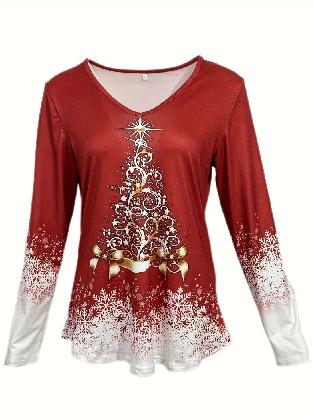 Christmas Graphic Print V Neck T-Shirt, Casual Long Sleeve Top