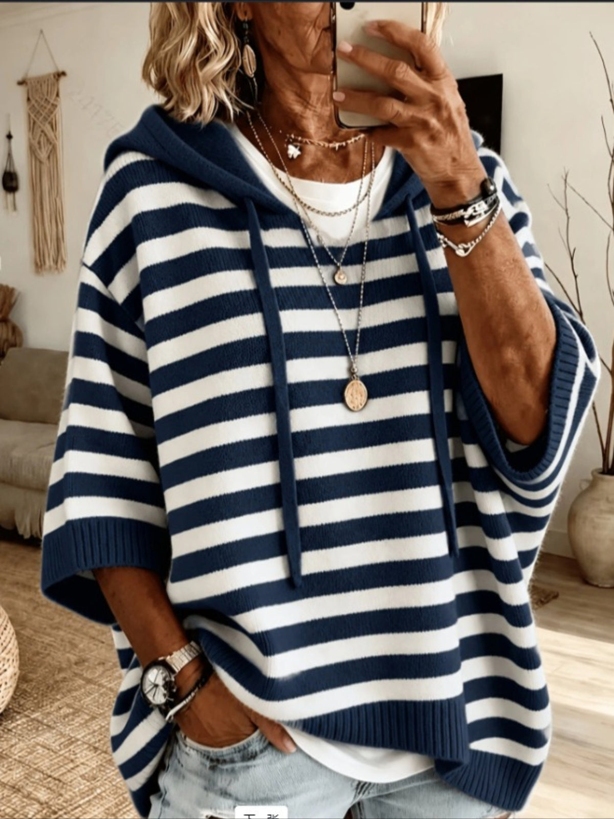 Solid Color Casual Hooded Batwing Sleeve Knit Sweater