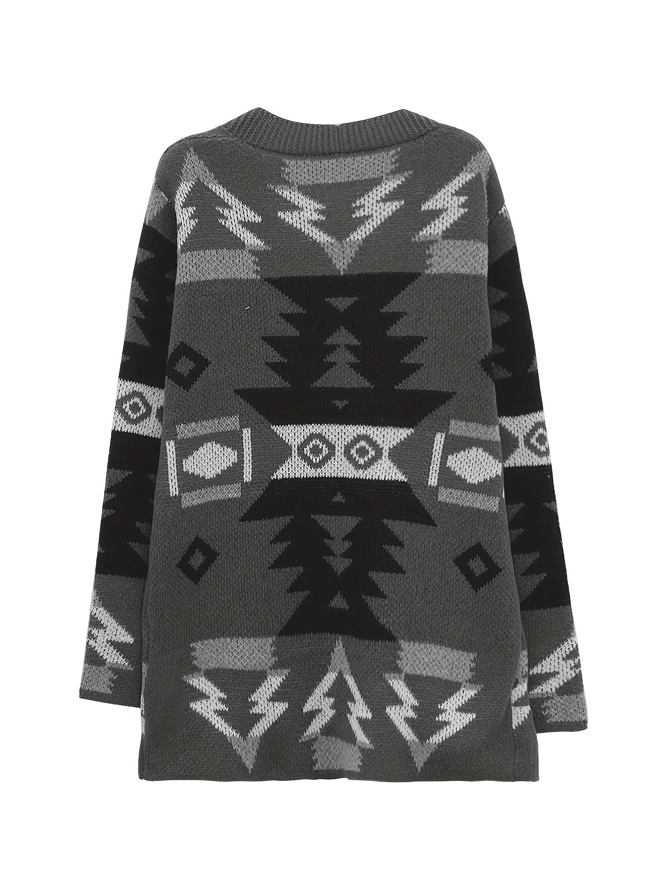 Stylish Women's Long Sleeve Ethnic Pattern Open Front Pocket Cardigan for Casual Wear