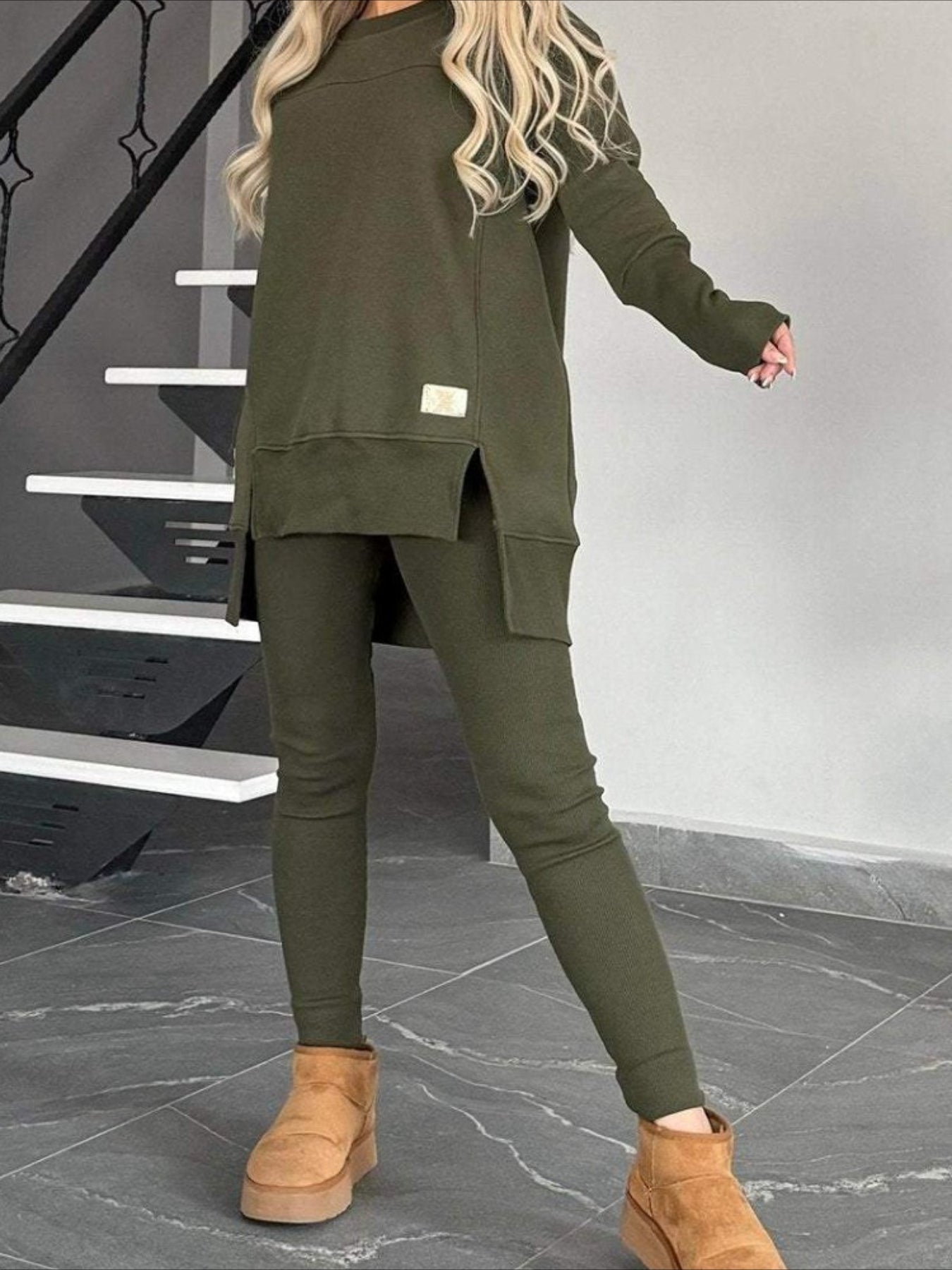 Slit Round Neck Top and Pants Set