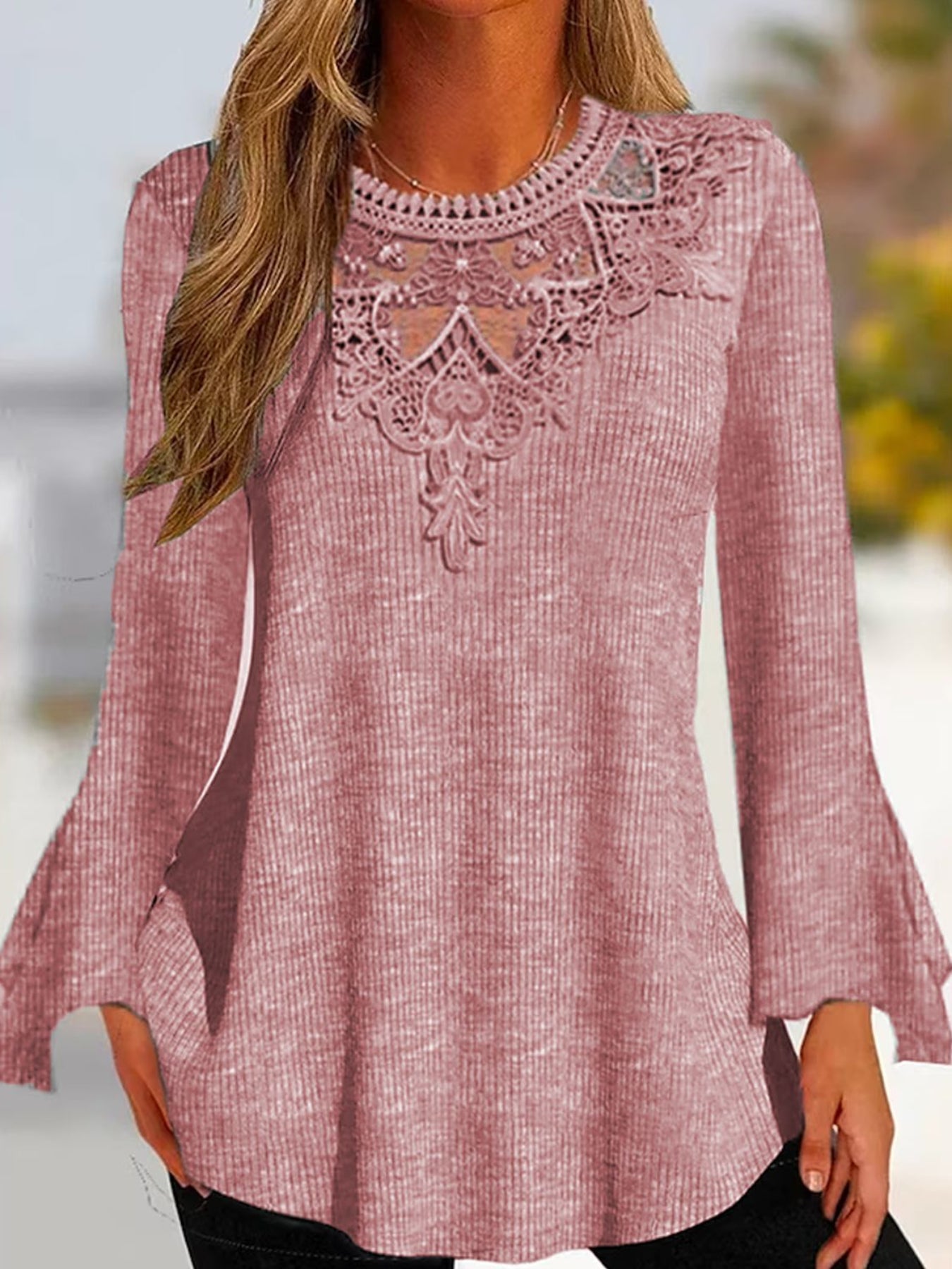 Casual Top, Women's Solid Contrast Lace Bell Sleeve Round Neck Medium Stretch Top