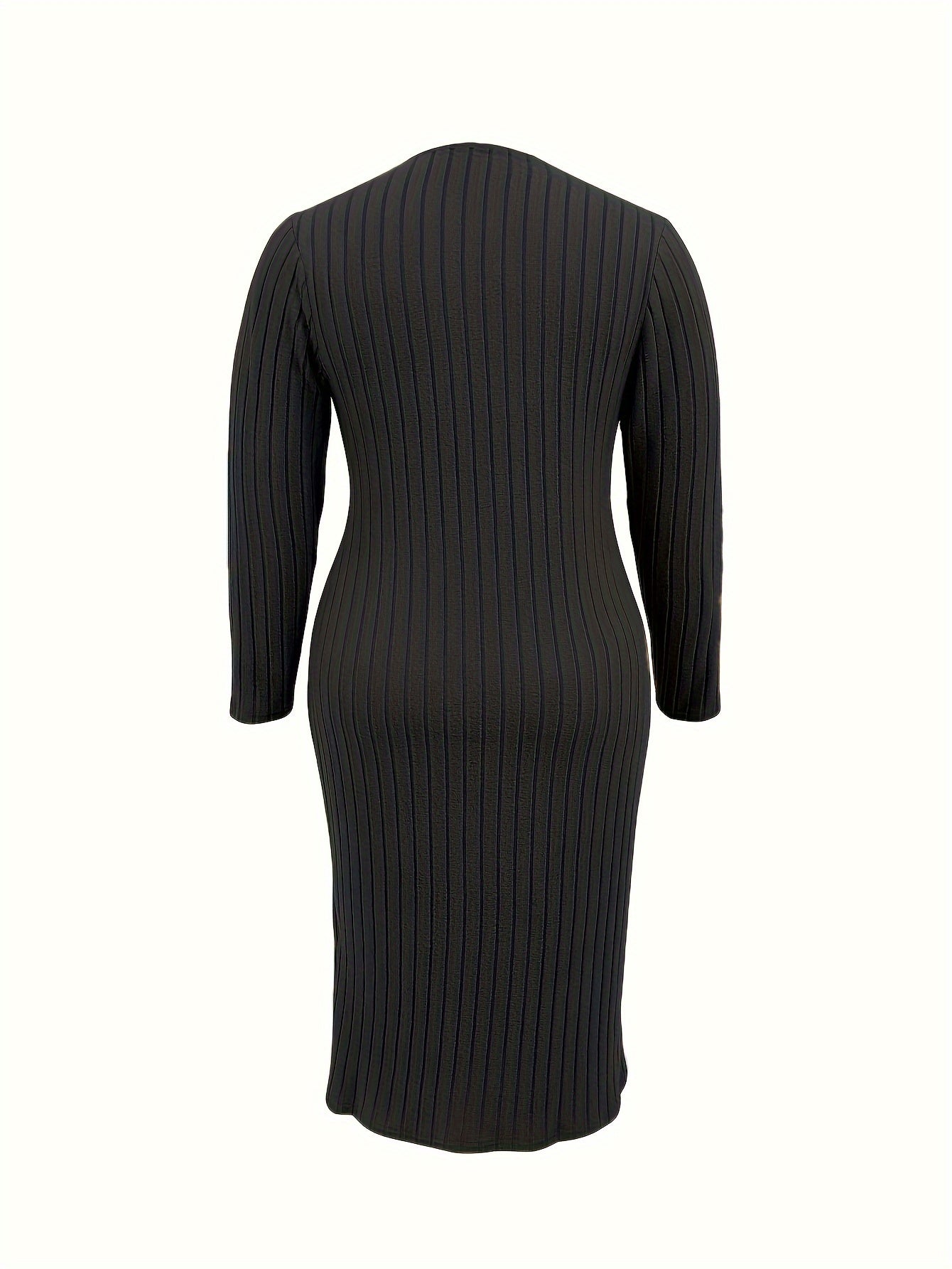 Basic Dress, Women's Solid Ribbed Long Sleeve Zipper V Neck Medium Stretch Bodycon Midi Dress