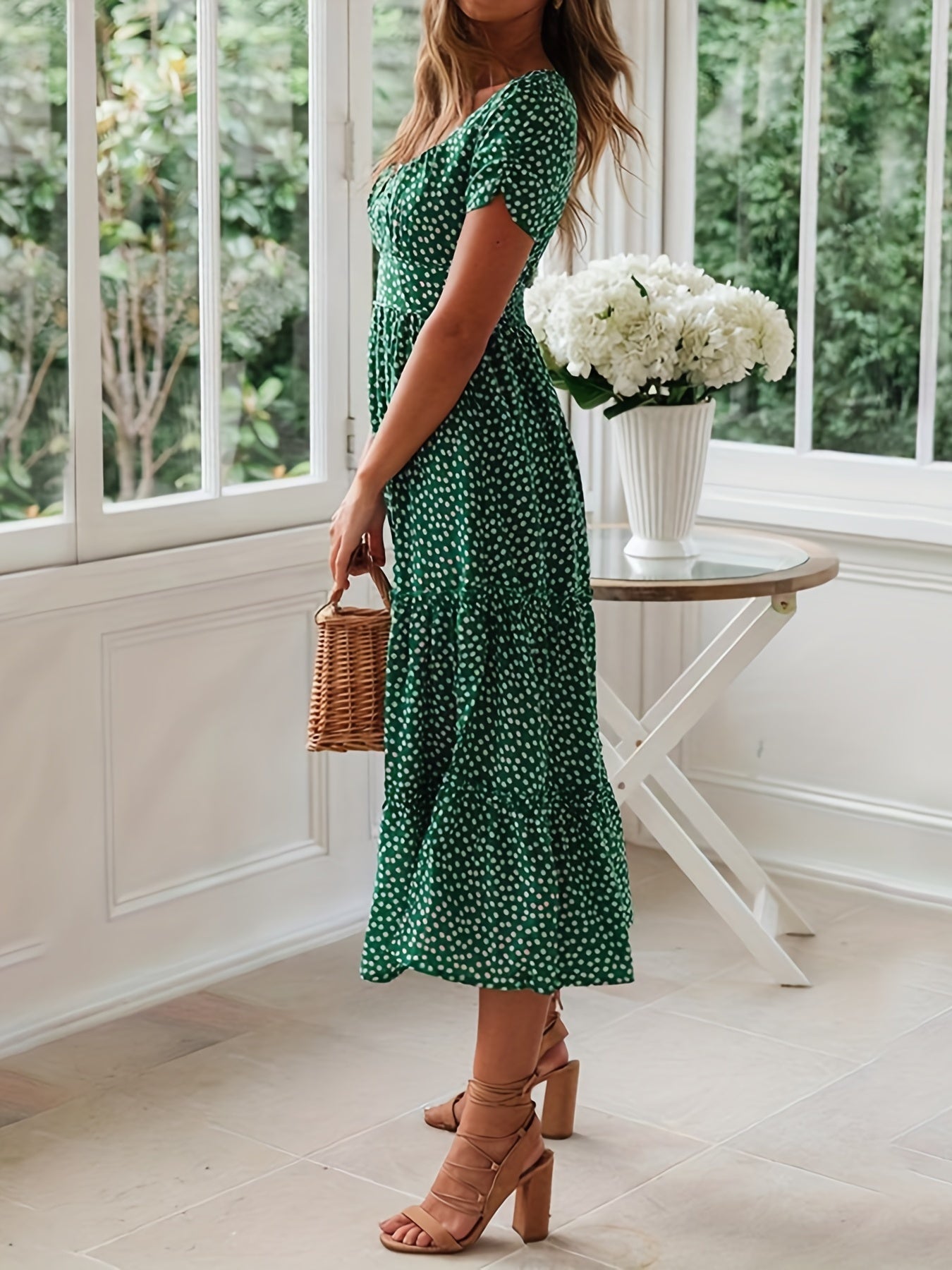 Polka Dot Ruffle Hem Dress, Casual Square Neck Short Sleeve Dress