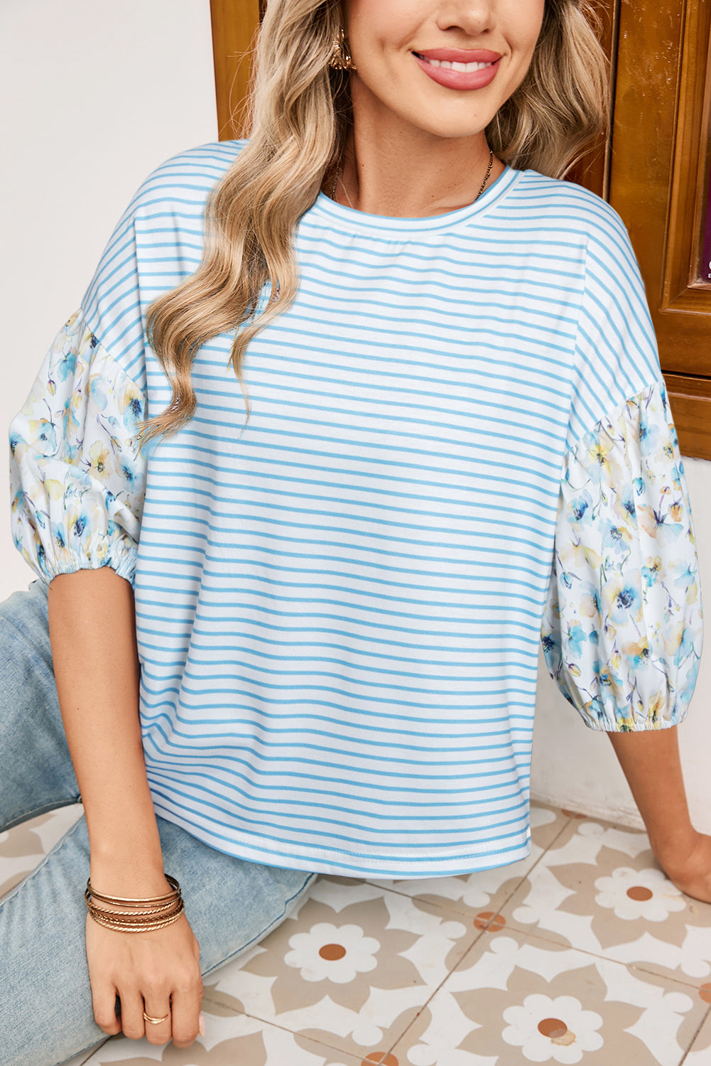 Sky Blue Stripe Floral Three Quarter Sleeves Patchwork Drop Shoulder Top