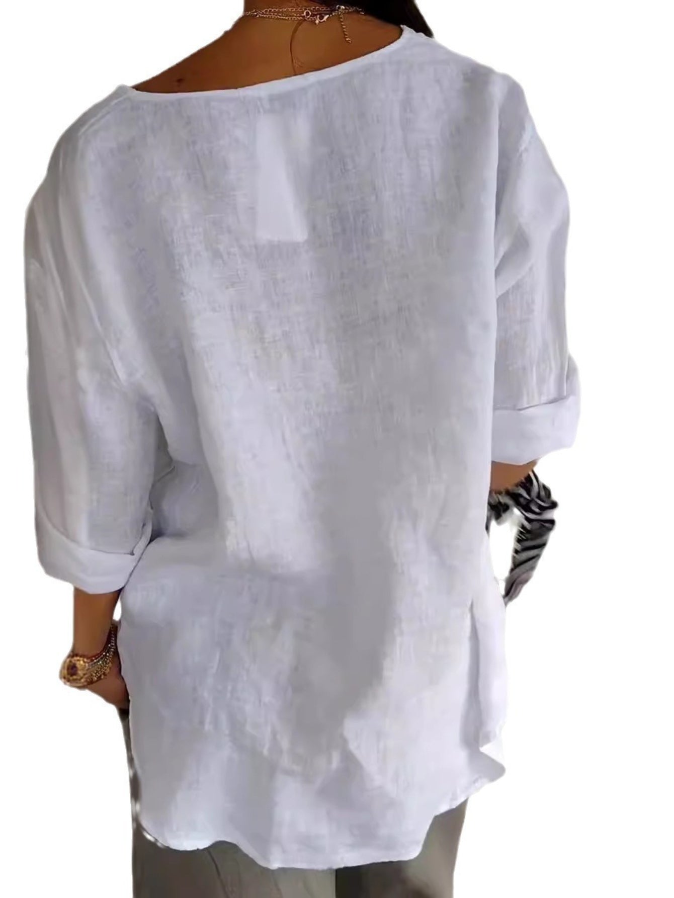 V Neck Three Quarter Sleeve Plain Buttoned Regular Loose Blouse