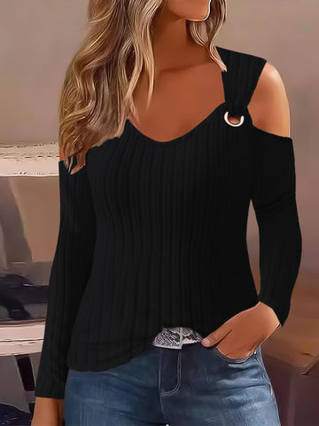 Stylish Solid Ring Detail Crew Neck T-Shirt - Women's Casual Long Sleeve Cold Shoulder Tops