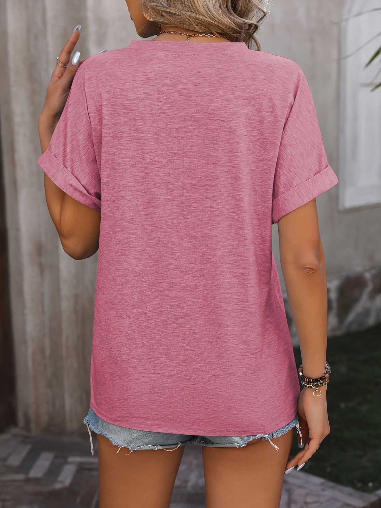 Casual V-neck Button Pure Color Loose Short-sleeved T-shirt