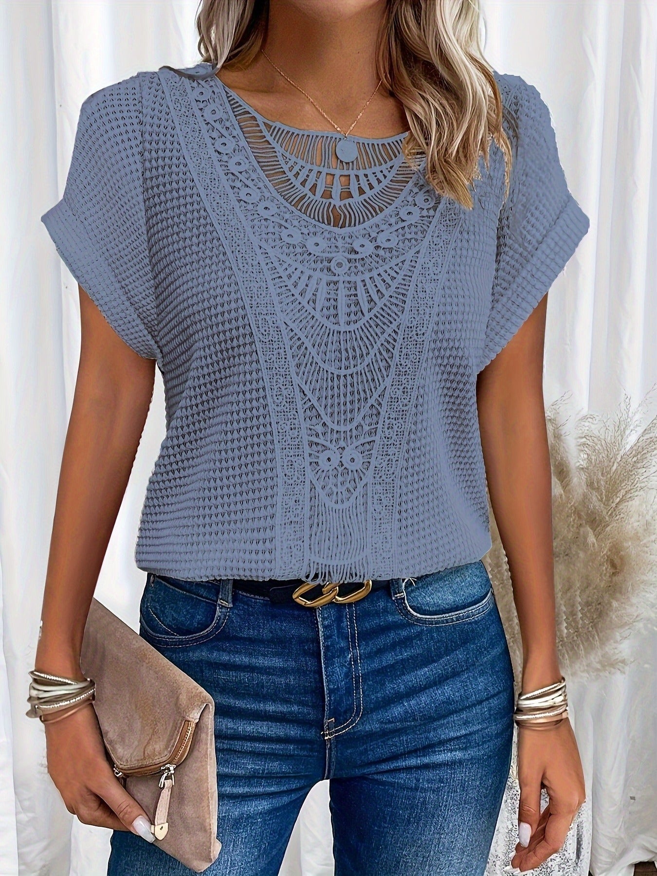 Contrast Lace Crew Neck T-Shirt, Casual Short Sleeve T-Shirt
