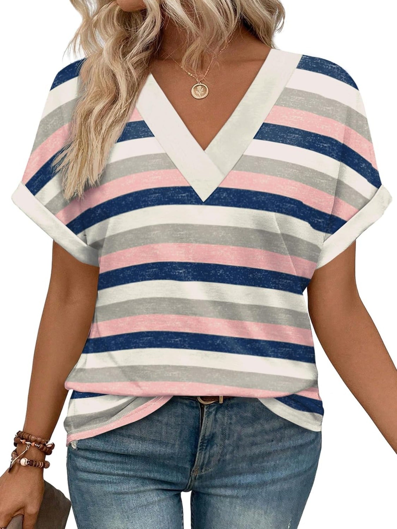 Solid Color V Neck Short Dolman Sleeve Shirts