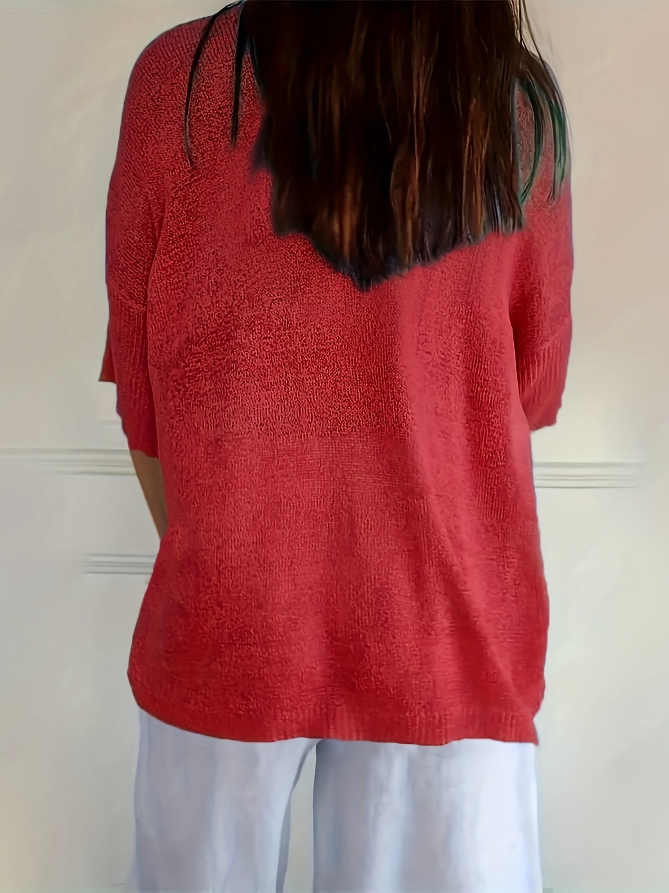 Cozy V Neck Pullover Three-Quarter Sleeve Knitted Sweater