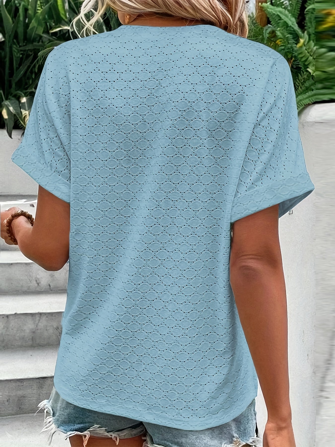 Solid Button Front V Neck T-Shirt, Casual Short Sleeve Top