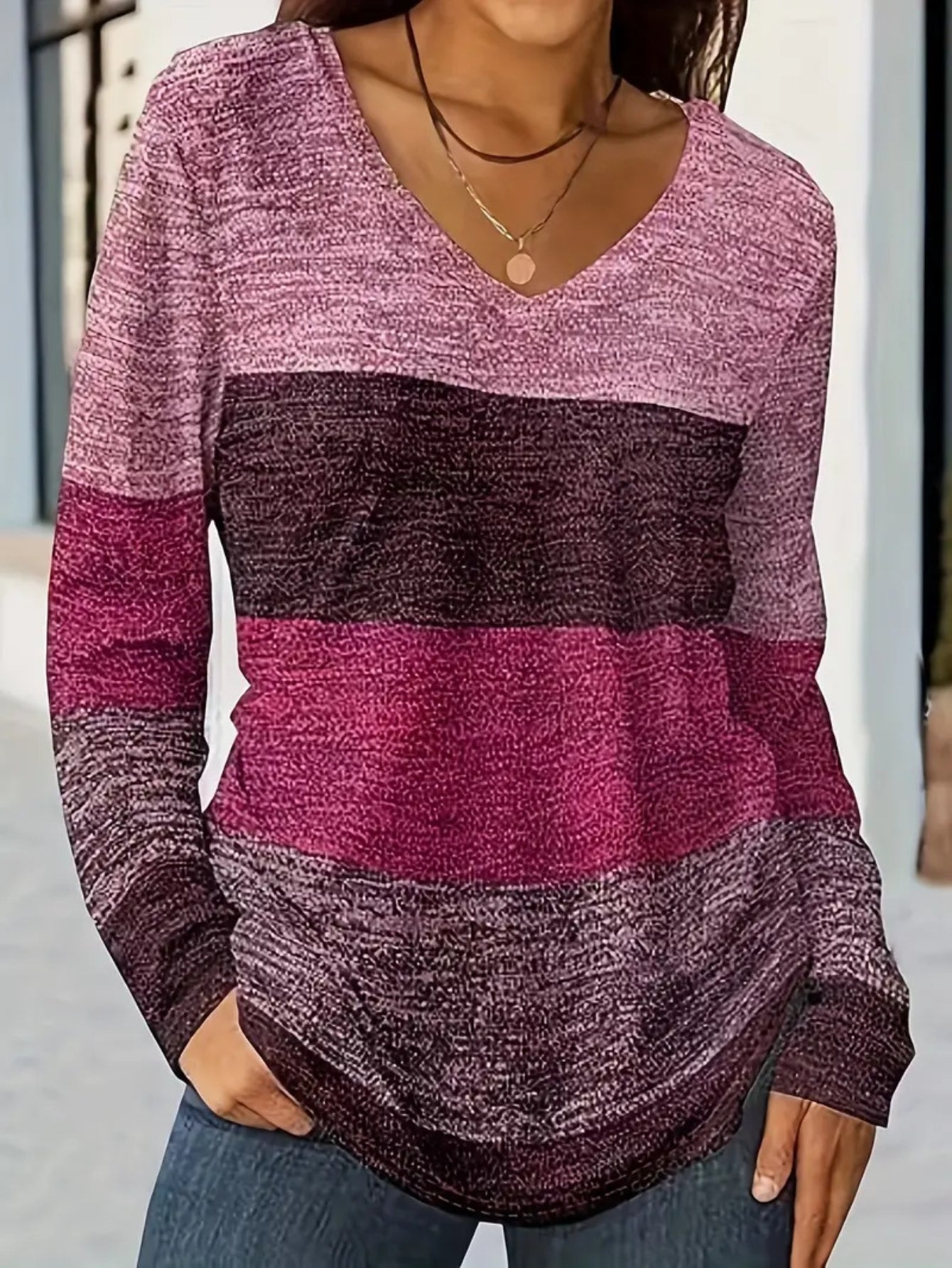 Color Block V Neck T-Shirt, Casual Long Sleeve Top