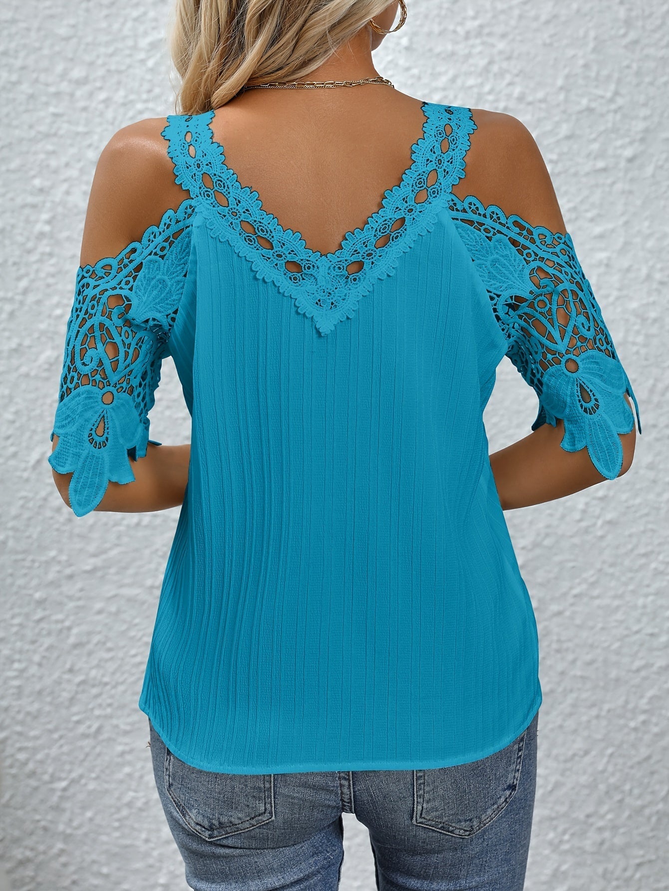 Contrast Lace Cold Shoulder Blouse, Elegant V Neck Solid Short Sleeve Blouse
