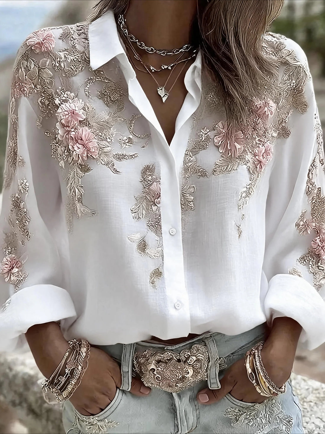 Flower Prints Stand Collar Casual Long Sleeve Blouse