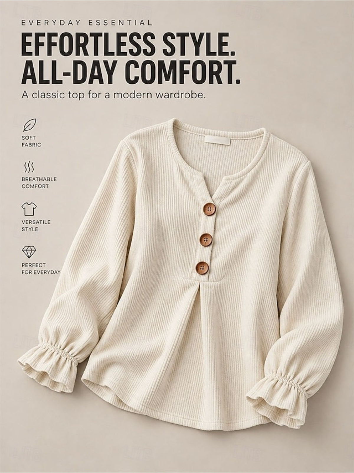 V Neck Corduroy Button-up Ruffle Long Sleeve Shirt