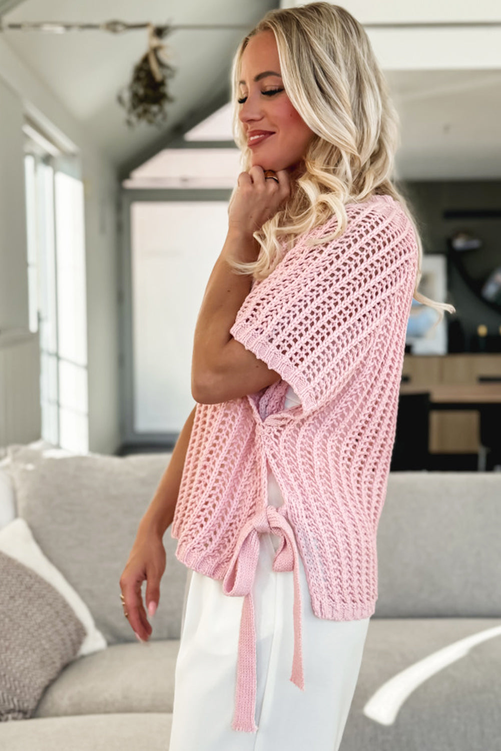 Pink Hollow-out Crochet Side Tied Short Sleeve Sweater