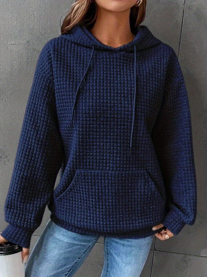 Waffle Grid Kangaroo Pocket Hoodie, Casual Long Sleeve Drawstring Hoodies Sweatshirt