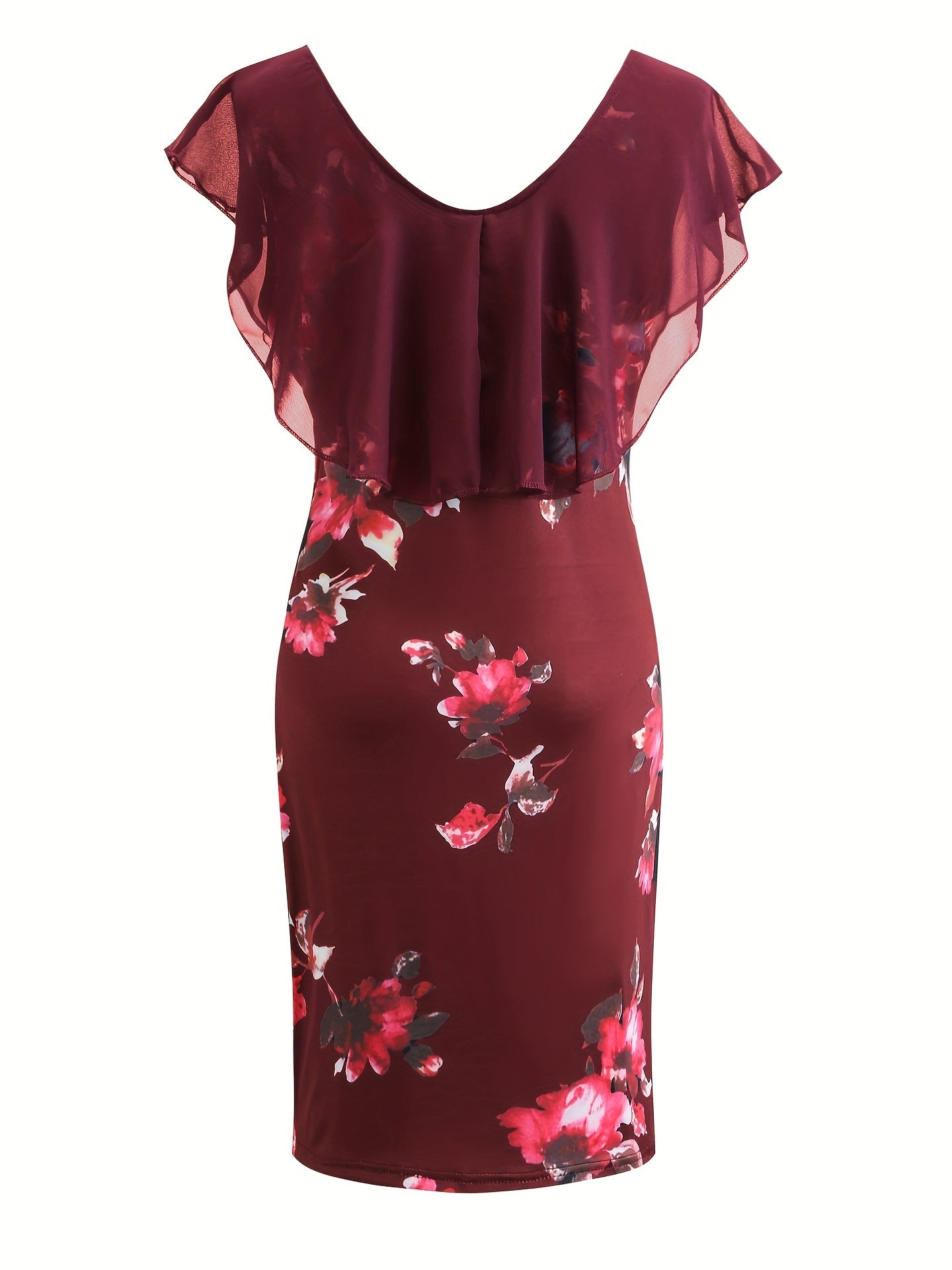 Floral Print Ruffle Trim Dress, Casual Beach Summer Short Sleeve Scoop Neck Bodycon Mini Dress