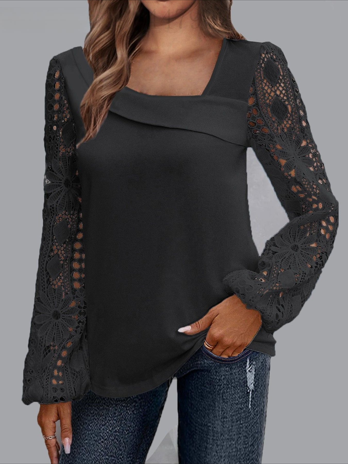 Eyelet Casual Solid Color Regular Long Sleeve Asymmetrical Lace Patchwork Tops