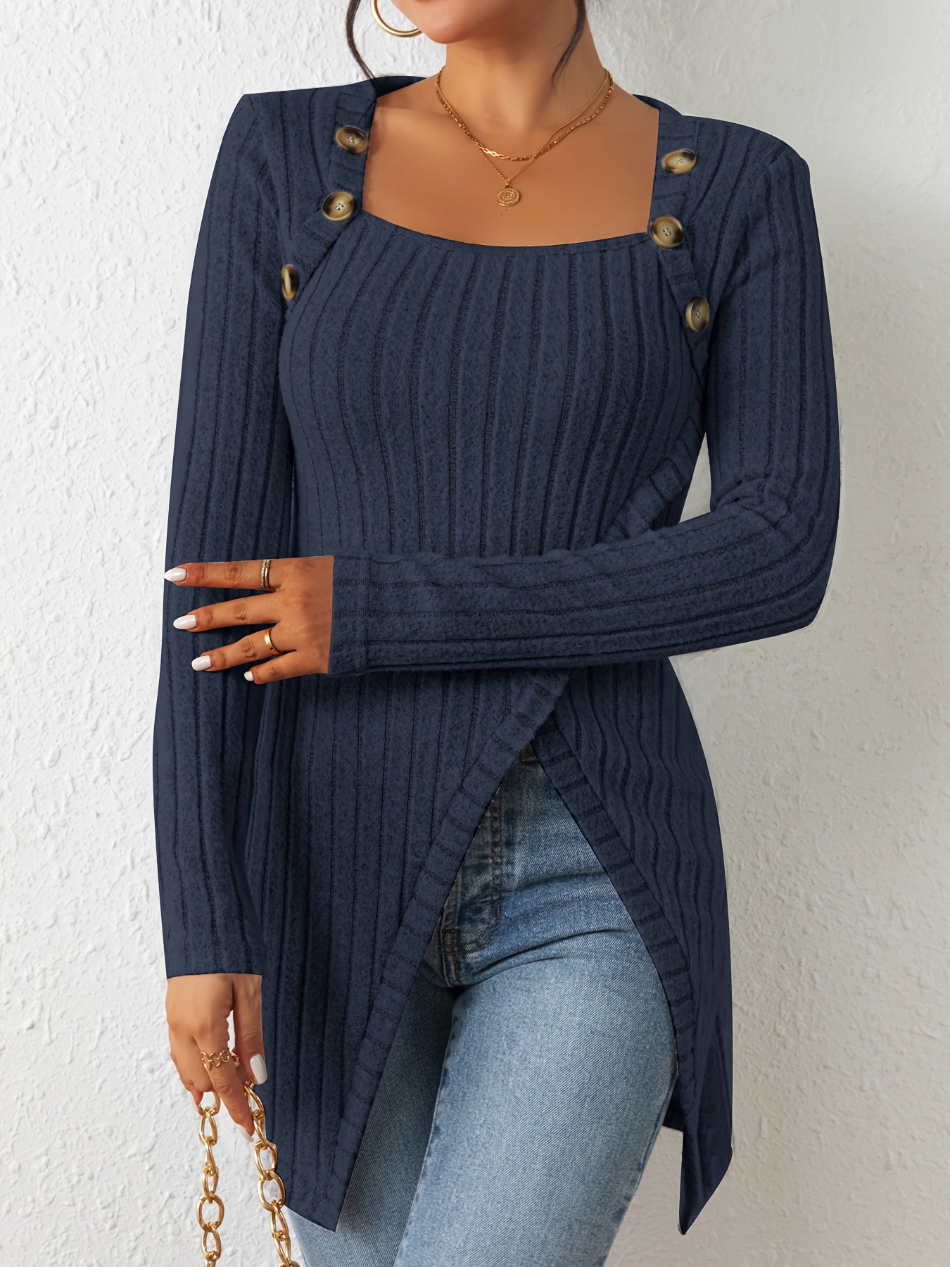 Button Decor Asymmetrical Hem T-Shirt, Casual Ribbed Long Sleeve Top