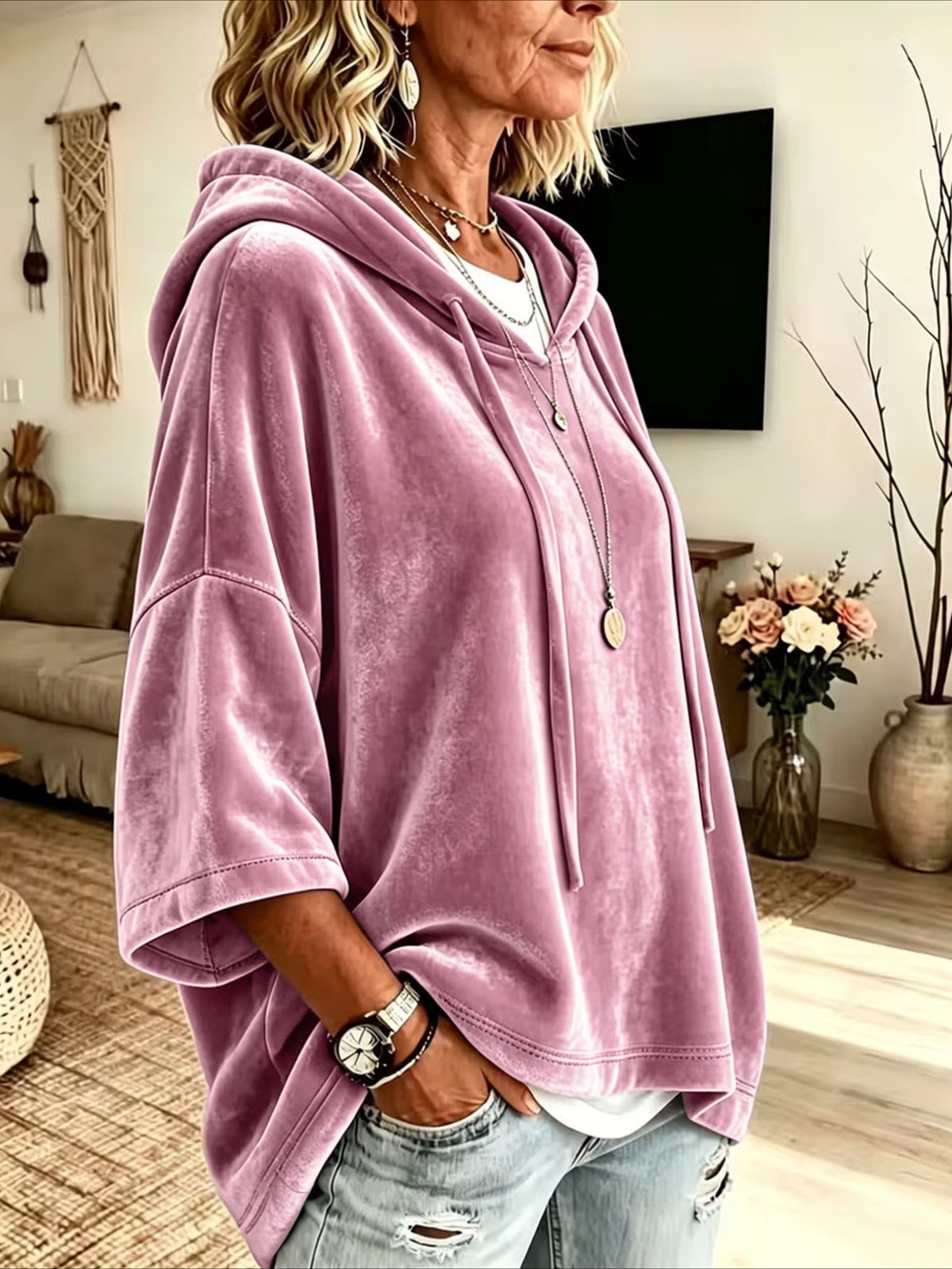 Loose Fit Velvet Hoodie with Three-Quarter Batwing Sleeves