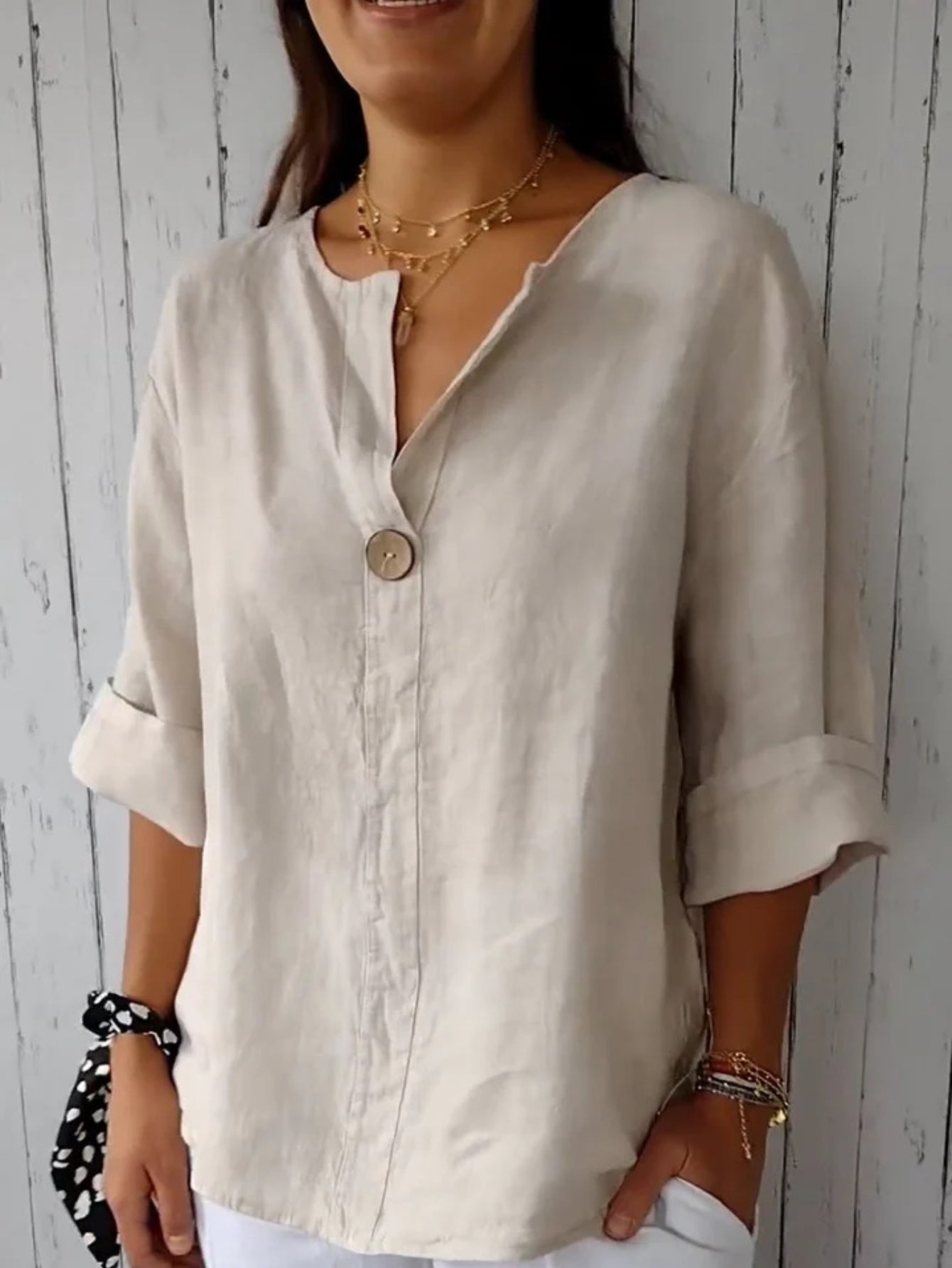 V Neck Three Quarter Sleeve Plain Buttoned Regular Loose Blouse