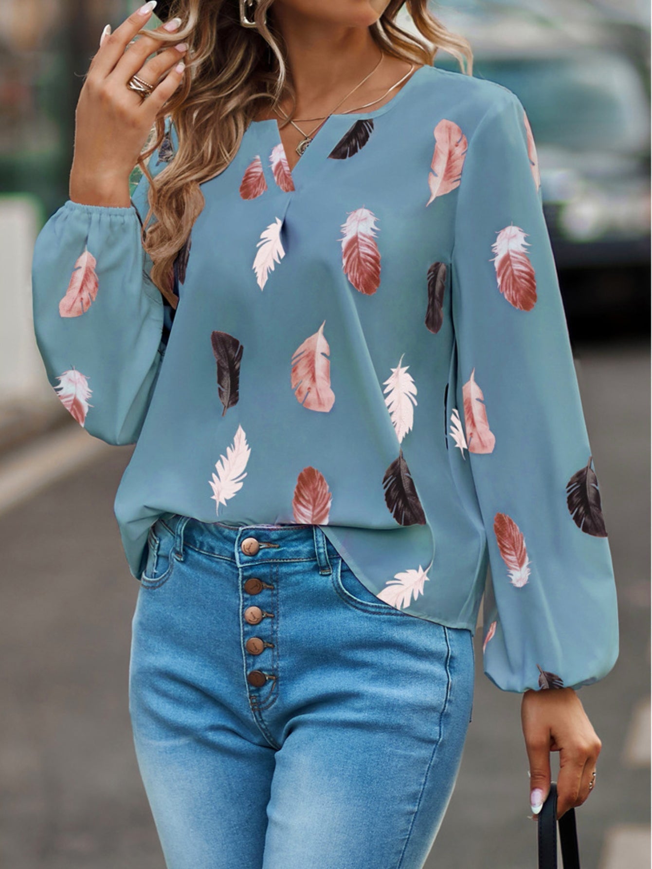 Feather Printed V-neck Loose Shirts, Casual Long Sleeve Fashion Shirts