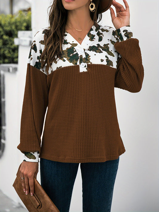 Retro Contrast Leopard Print Loose Tops, Casual Vintage V-neck Button Long Sleeve Fashion Fits Tunics Tops