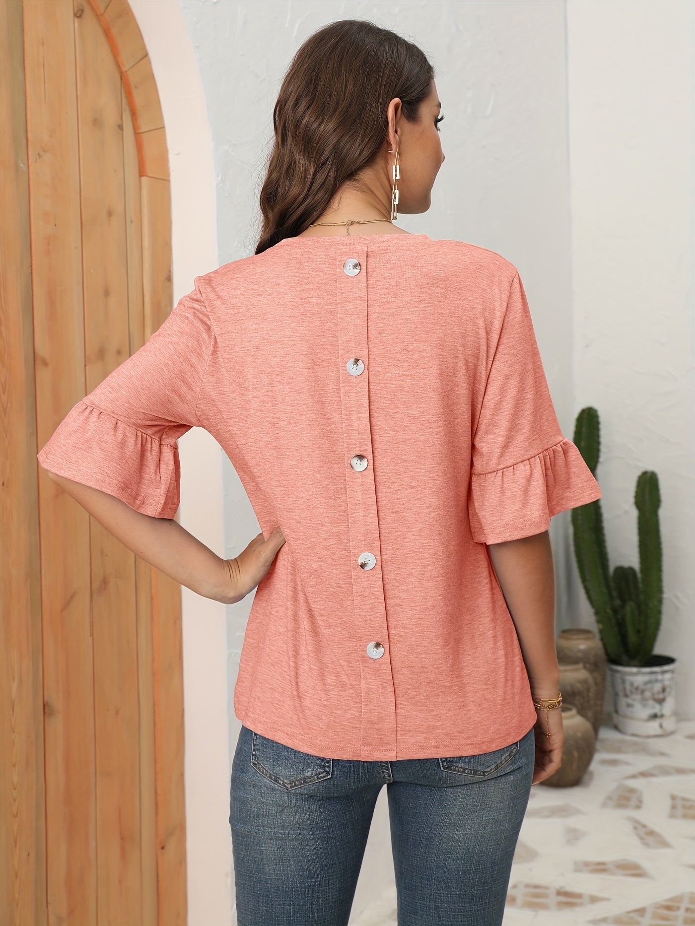 Button Back Solid T-shirt, Casual Crew Neck Half Sleeve T-shirt
