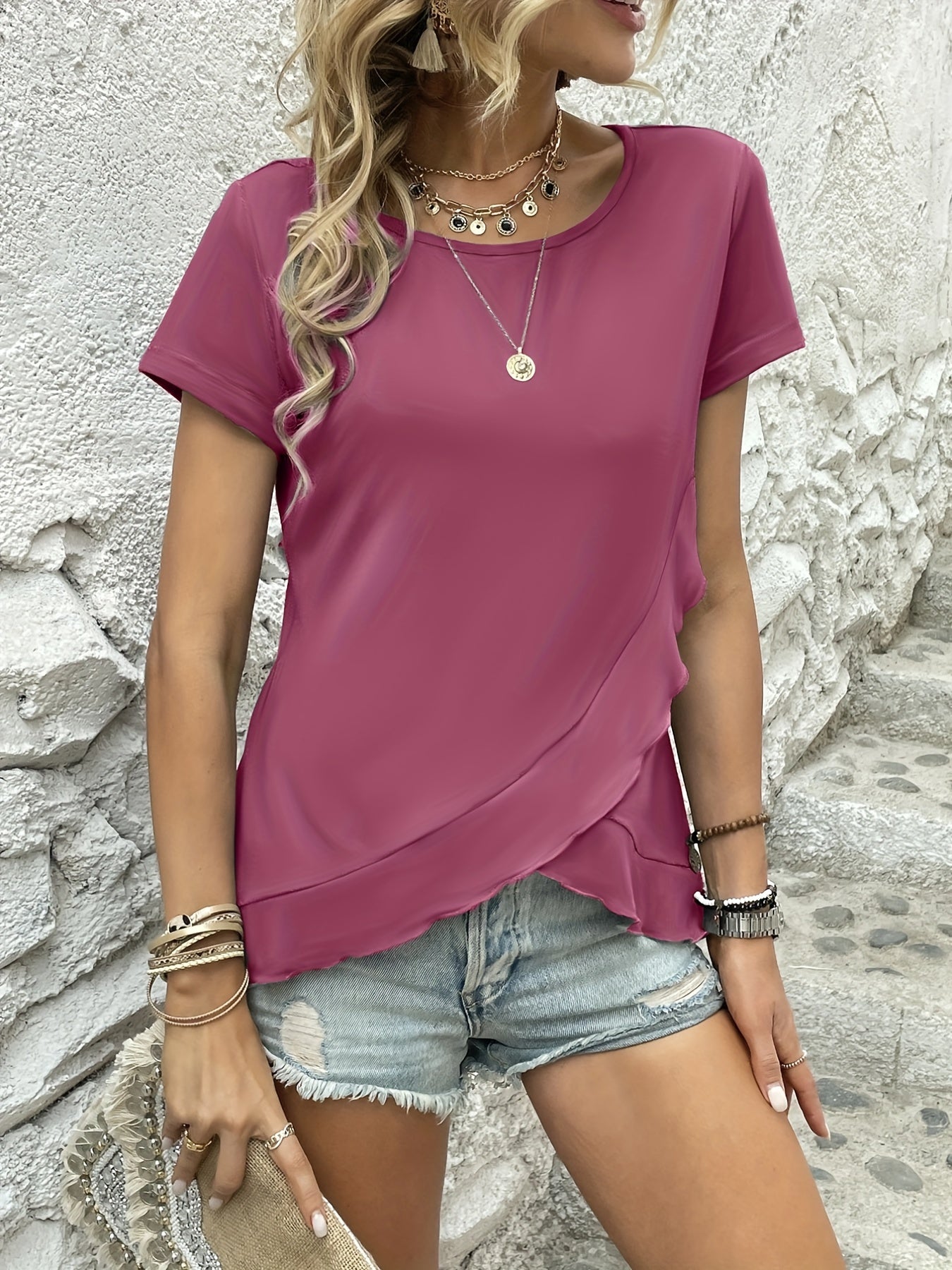 Asymmetrical Ruffle Hem T-Shirt, Casual Crew Neck Short Sleeve T-Shirt
