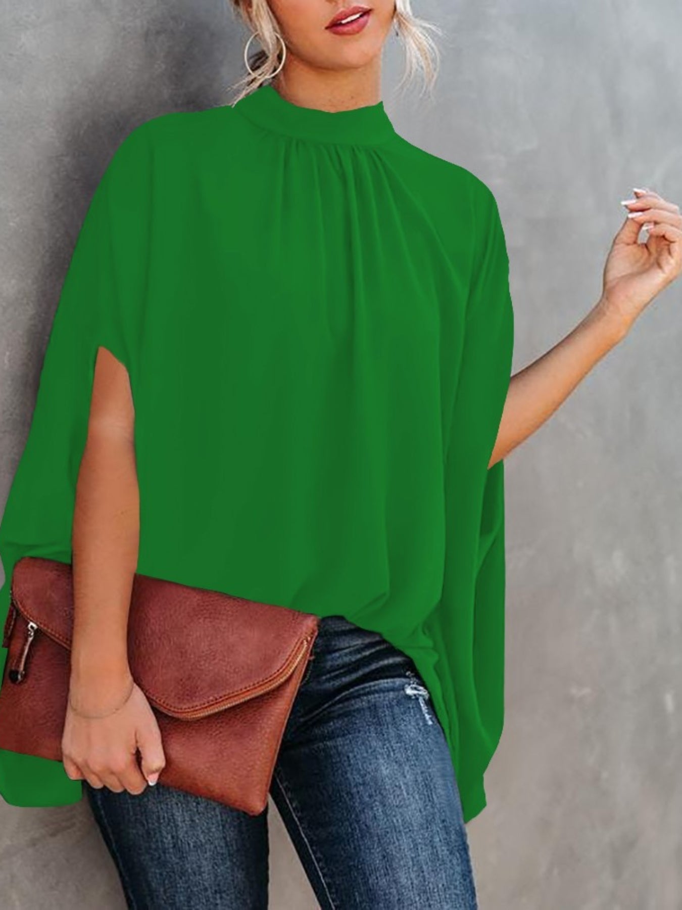 Asymmetrical High Neck Batwing Sleeve Shirt, Letter Print Elegant Summer Stretchy Shirt