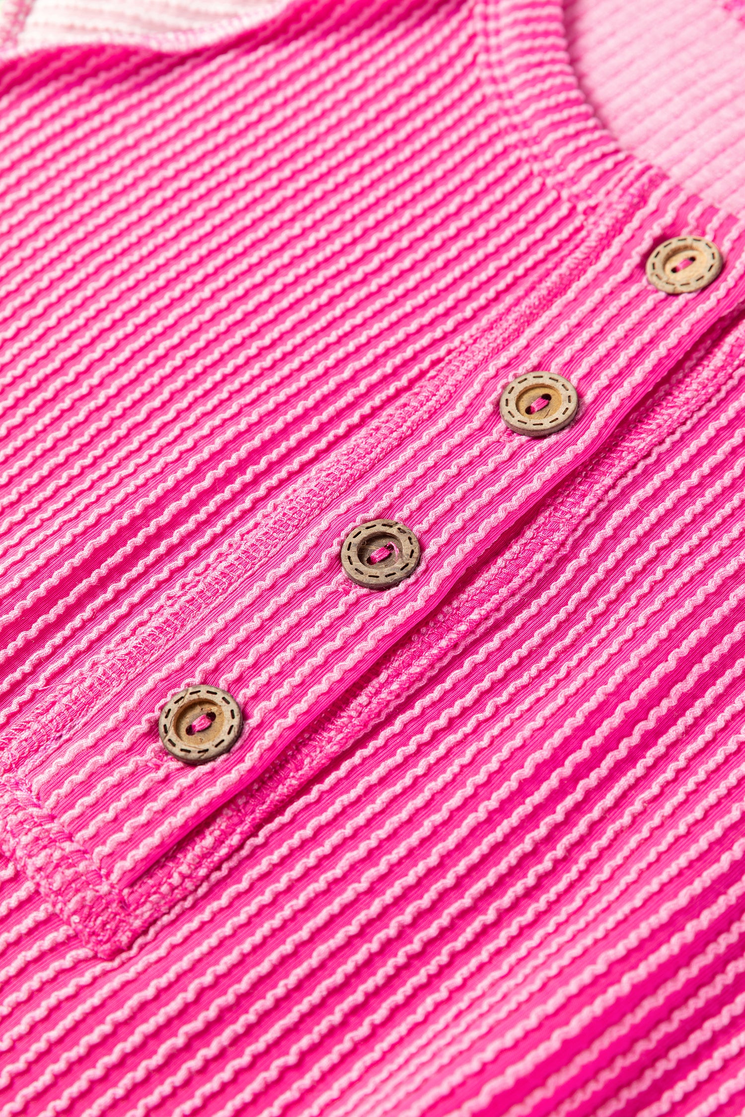 Bright Pink Twisted Ribbed Color Block Patchwork Henley Short Sleeve T Shirt