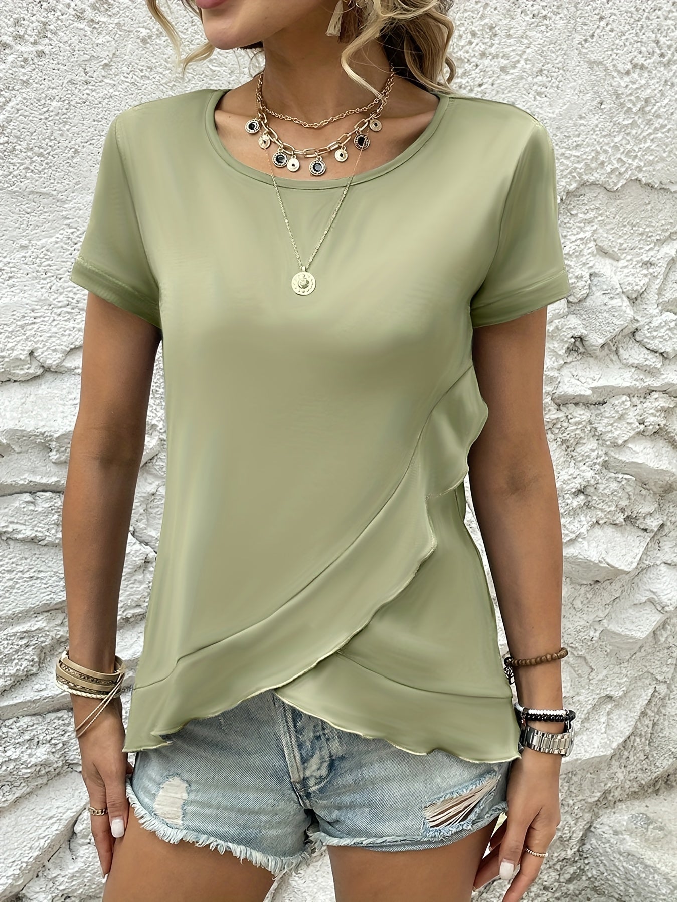Asymmetrical Ruffle Hem T-Shirt, Casual Crew Neck Short Sleeve T-Shirt