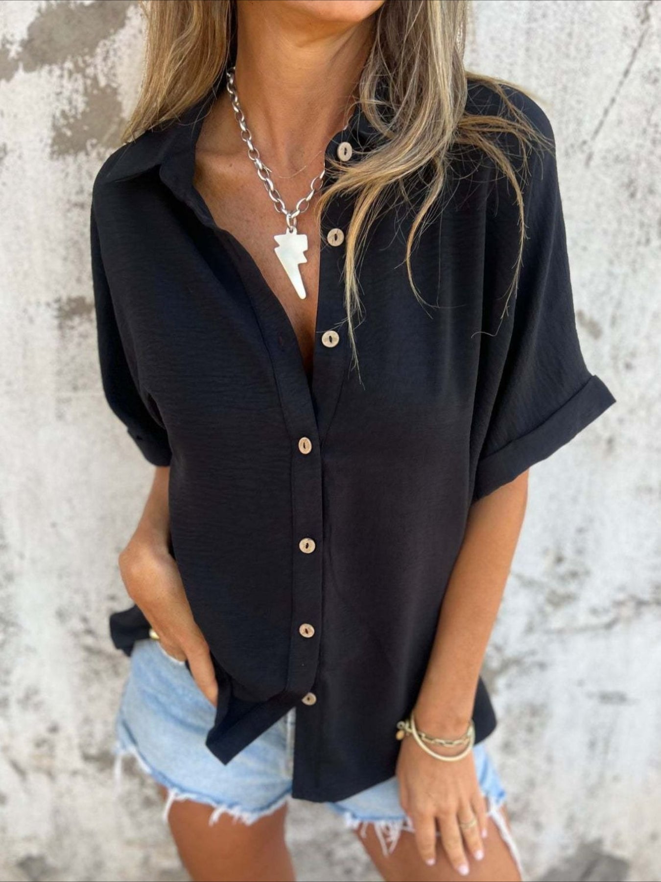 Casual Button Collared Short Sleeve Tunic Tops with Pocket
