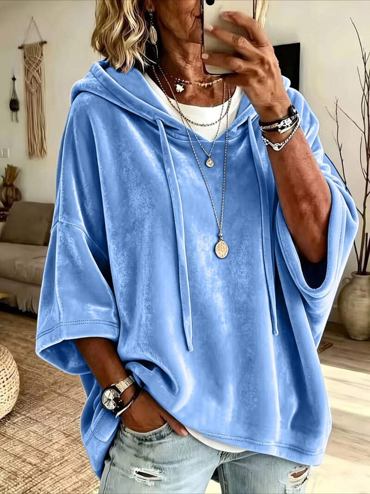 Loose Fit Velvet Hoodie with Three-Quarter Batwing Sleeves