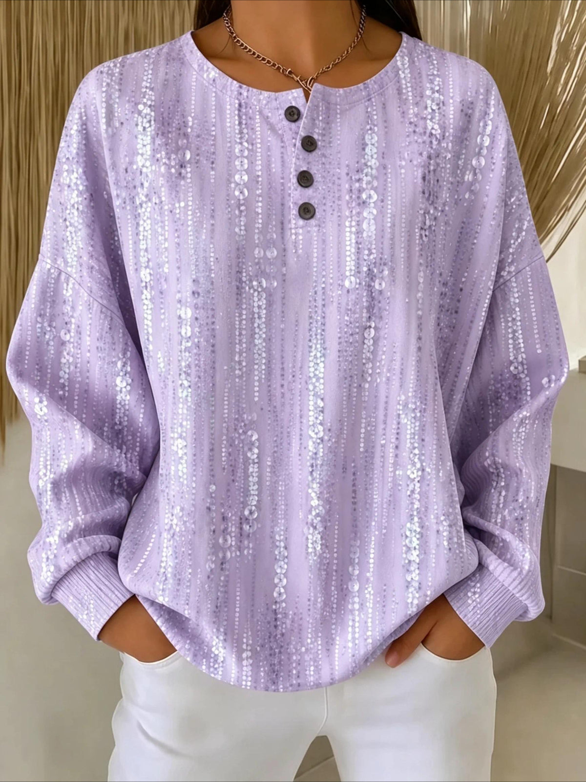 Abstract Henley Collar Long Sleeve Regular Sweatshirt