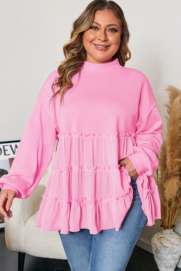 Pink Tiered Ruffle Ribbed Crew Neck Pullover Plus Size Top