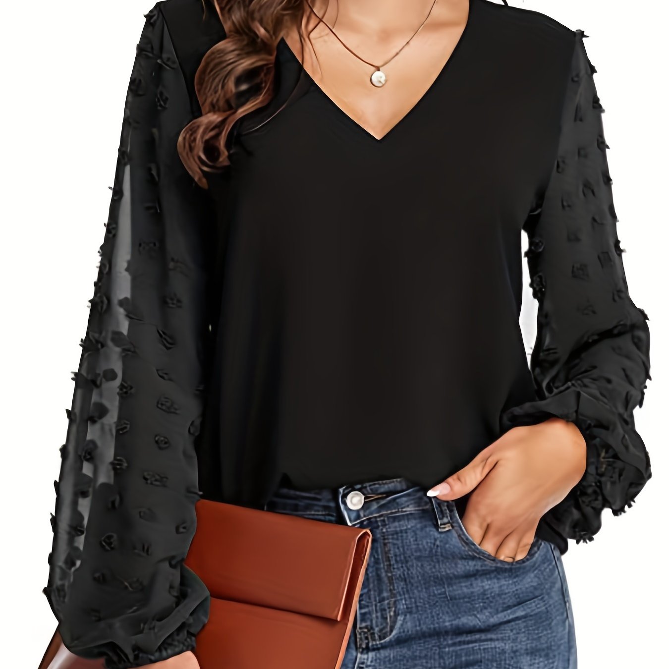 Swiss Dot Sleeve Shirt, Casual V Neck Solid Shirt