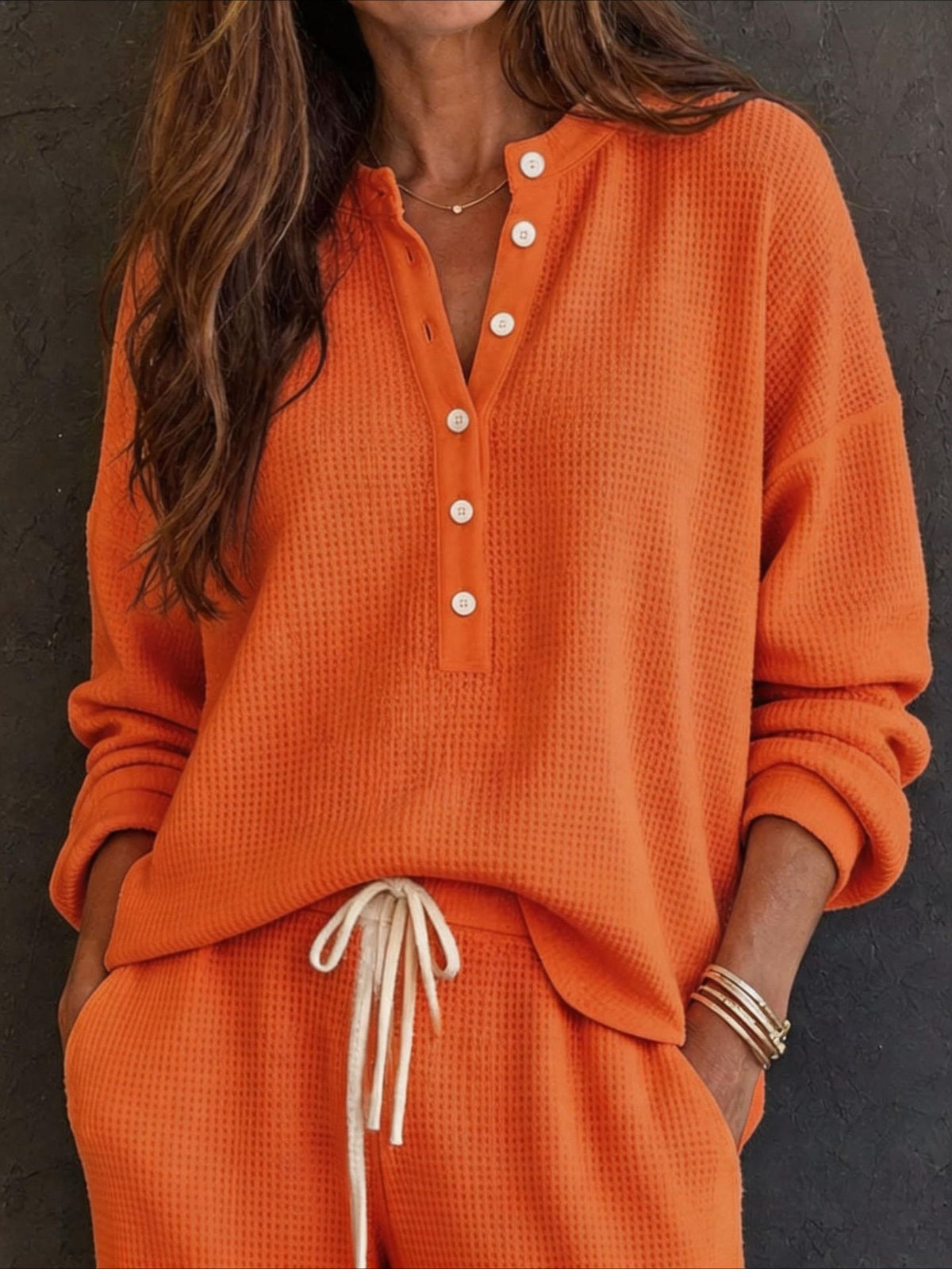 Waffle Knit Button Detail Top and Pants Set