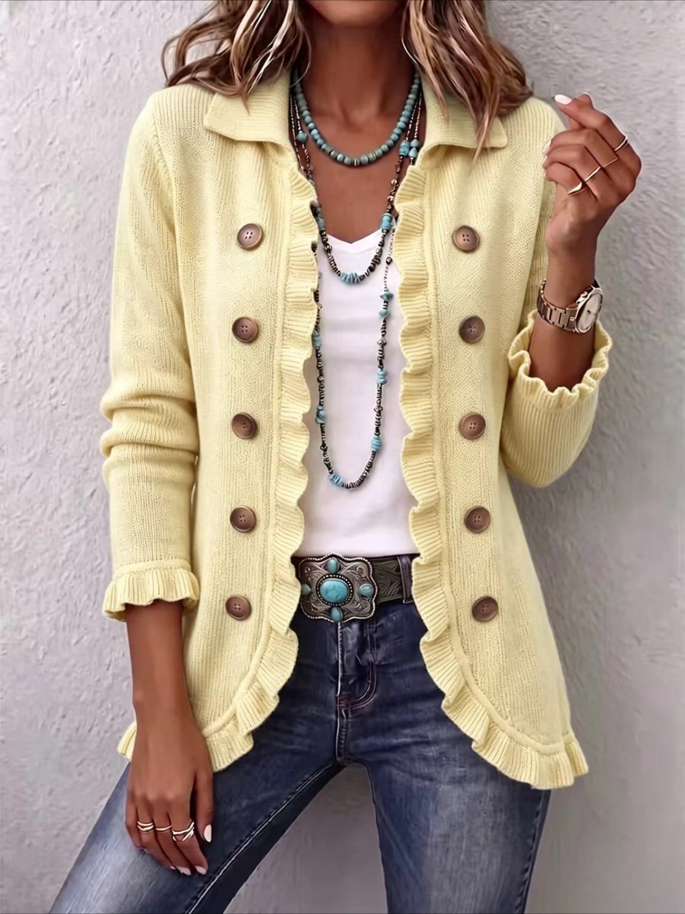 Solid Color Long Sleeve Ruffle Edge Button-knitted Cardigan