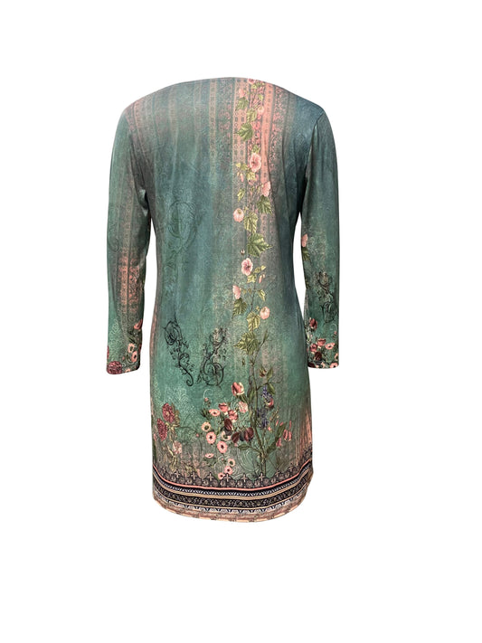 Floral Print Notched Neck Dress, Vintage Long Sleeve Mini Dress