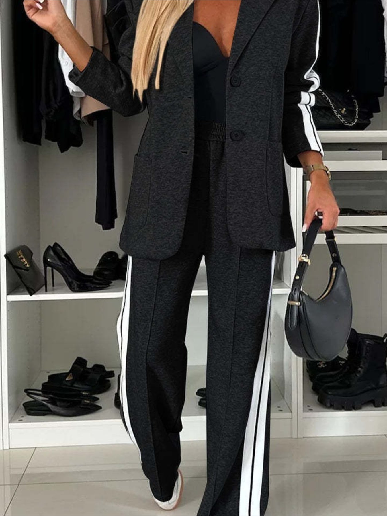 Contrast Lapel Collar Top and Pants Set