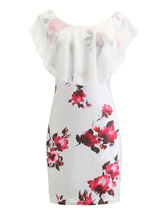 Floral Print Ruffle Trim Dress, Casual Beach Summer Short Sleeve Scoop Neck Bodycon Mini Dress