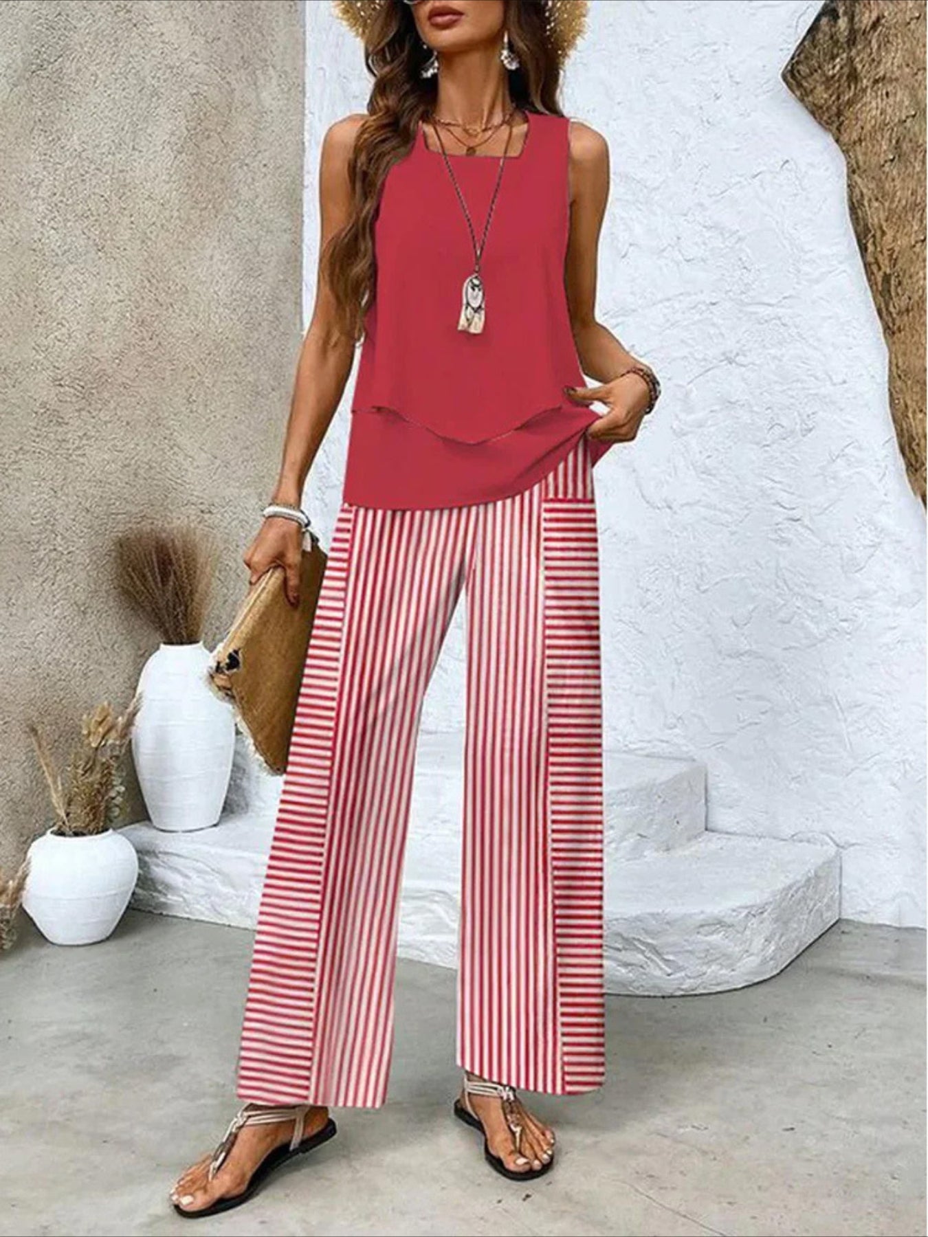 Crew Neck Sleeveless Layered Tank Top & Wide Leg Pants