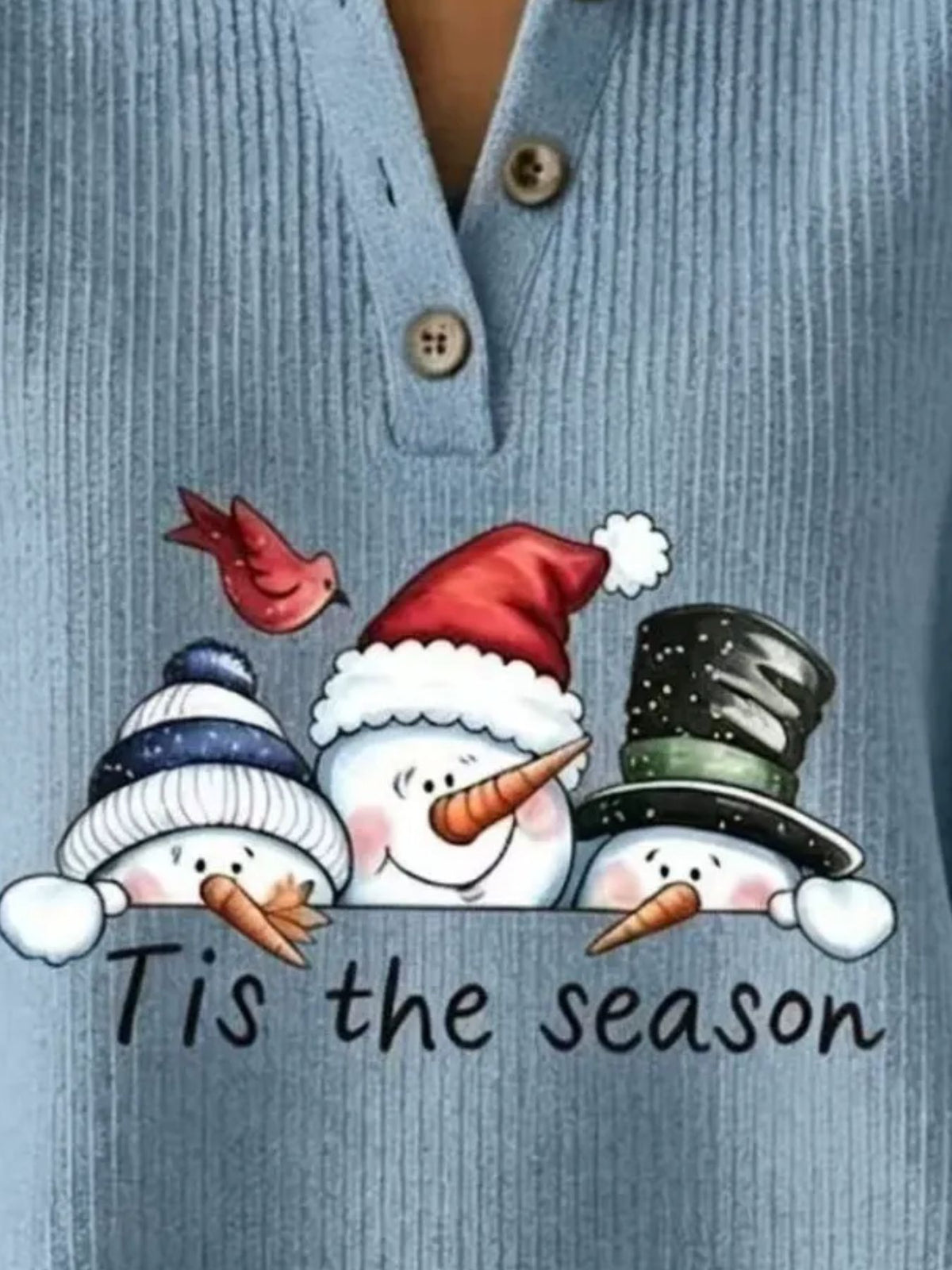 Christmas Themed Snowman Graphic Ribbed Henley Sweatshirt