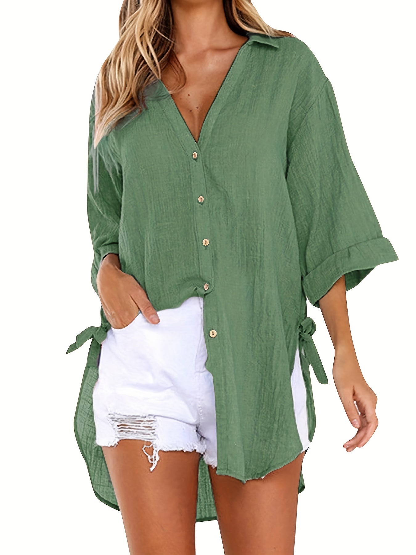 Solid Color V Neck Blouse, Casual Half Sleeve Blouse